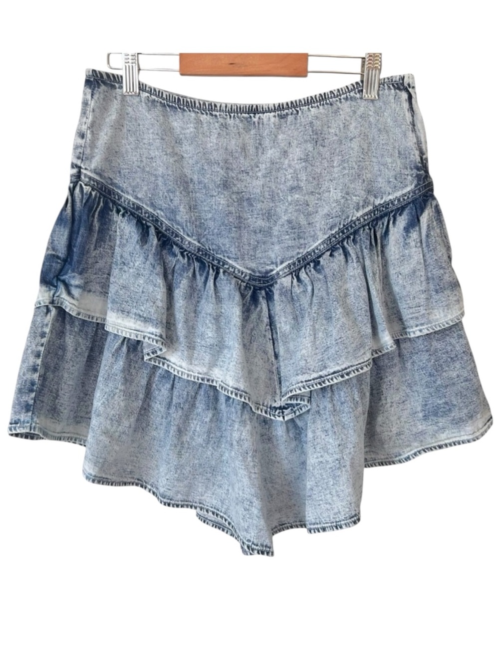 DRIFTWOOD Acid Washed
Ruffle Denim Mini Skirt